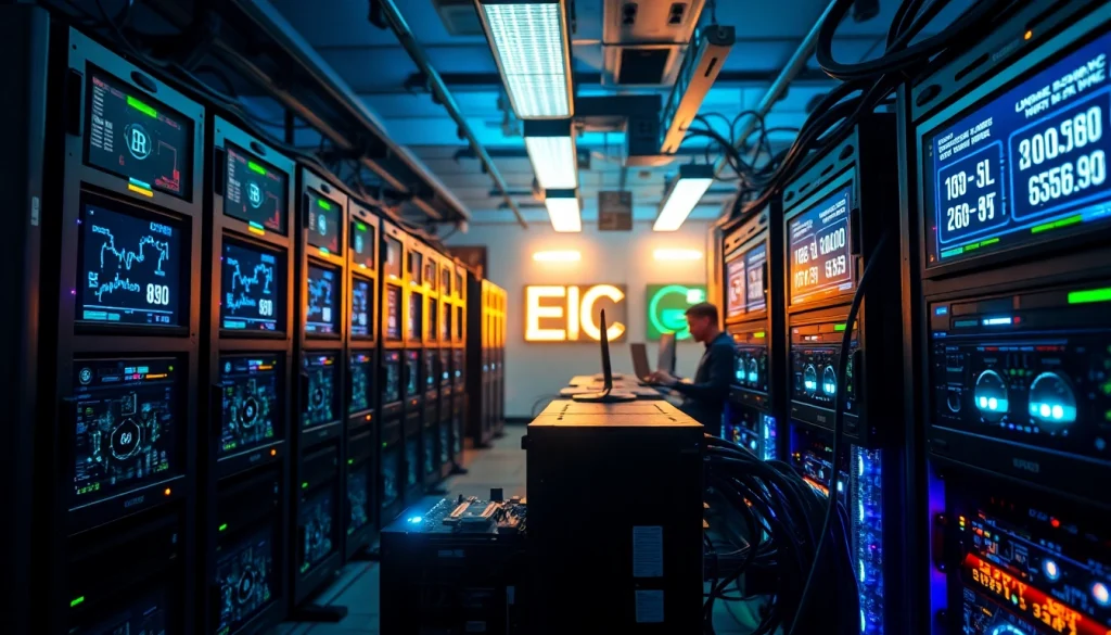 Crypto mining facility with advanced ASIC rigs and glowing digital displays.
