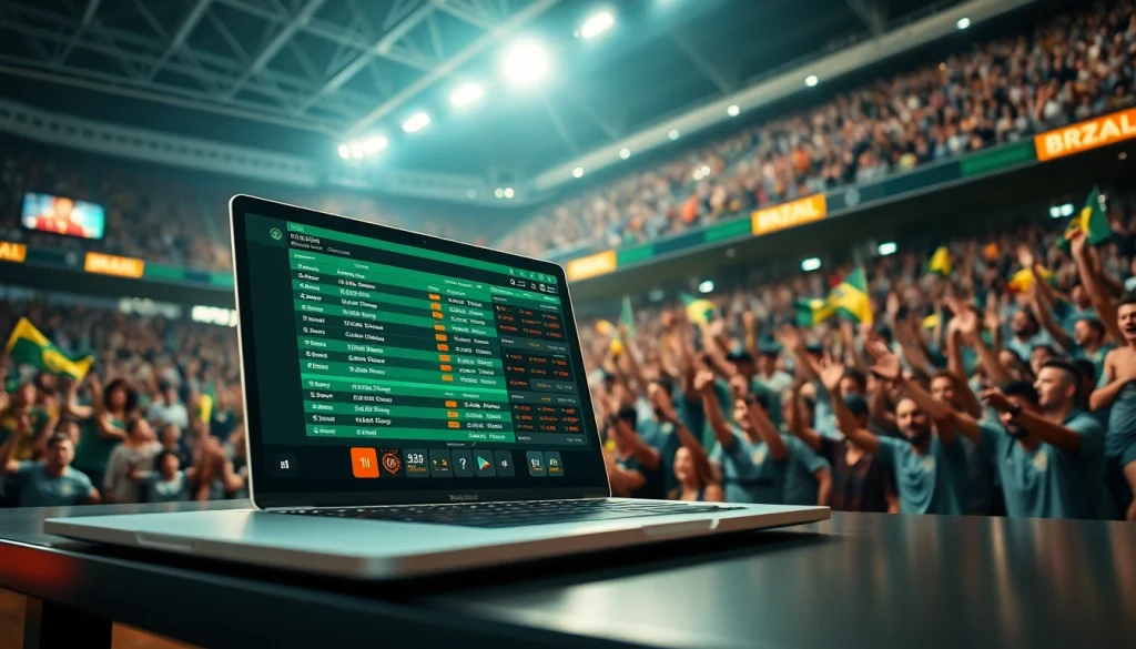 Engaging sports betting Brazil scene with laptop displaying live odds at a lively stadium.