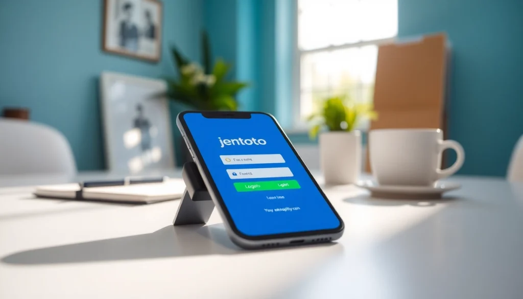 Optimal jentoto login screen on a smartphone in a vibrant workspace.