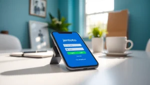 Optimal jentoto login screen on a smartphone in a vibrant workspace.