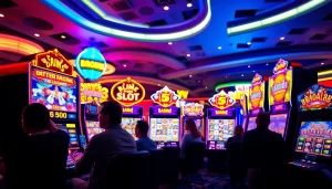 Menangkan bro138 slot dengan suasana kasino yang ceria dan mesin slot berwarna-warni.