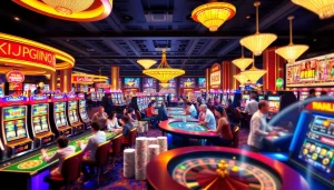 Experience the vibrant gambling world of KJC AC 1 with players enjoying casino tables and slot machines.