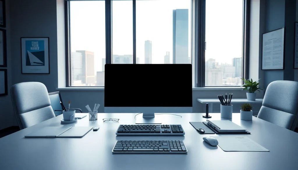 Typing center in a professional office space with modern equipment and city view.