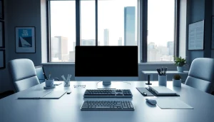 Typing center in a professional office space with modern equipment and city view.