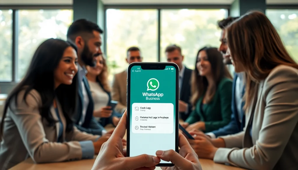 Showcasing a smartphone using the whatsapp business api in a professional business setting.