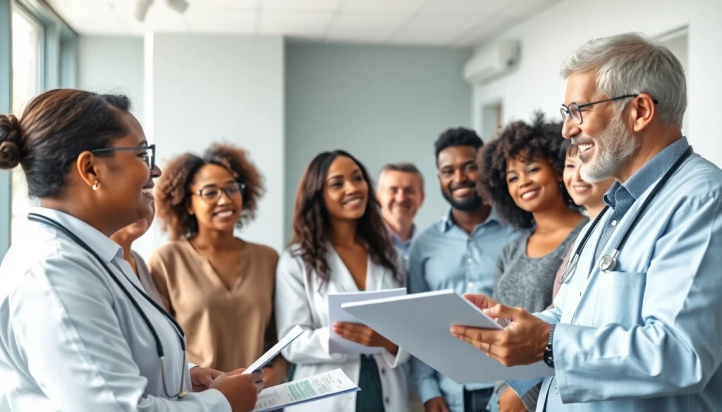 Engaging doctor showcasing Health concepts in a welcoming clinic environment with diverse patients.