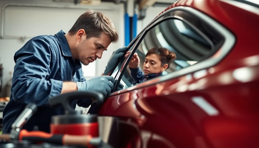 Auto technician executing side window replacement with precision in a bright garage.