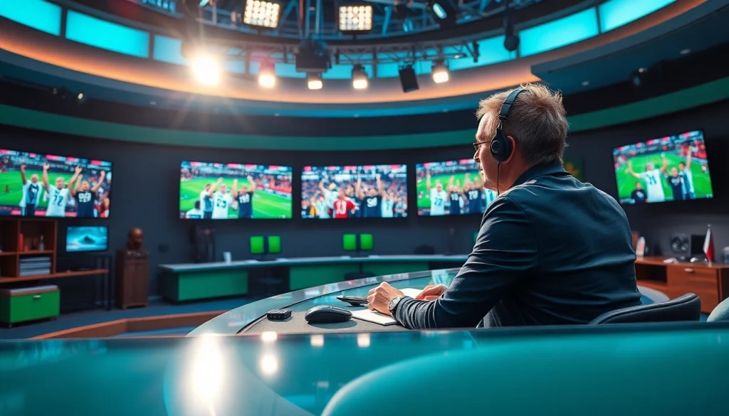 스포츠중계 현장을 생동감 있게 전하는 방송 장면을 보여줍니다.