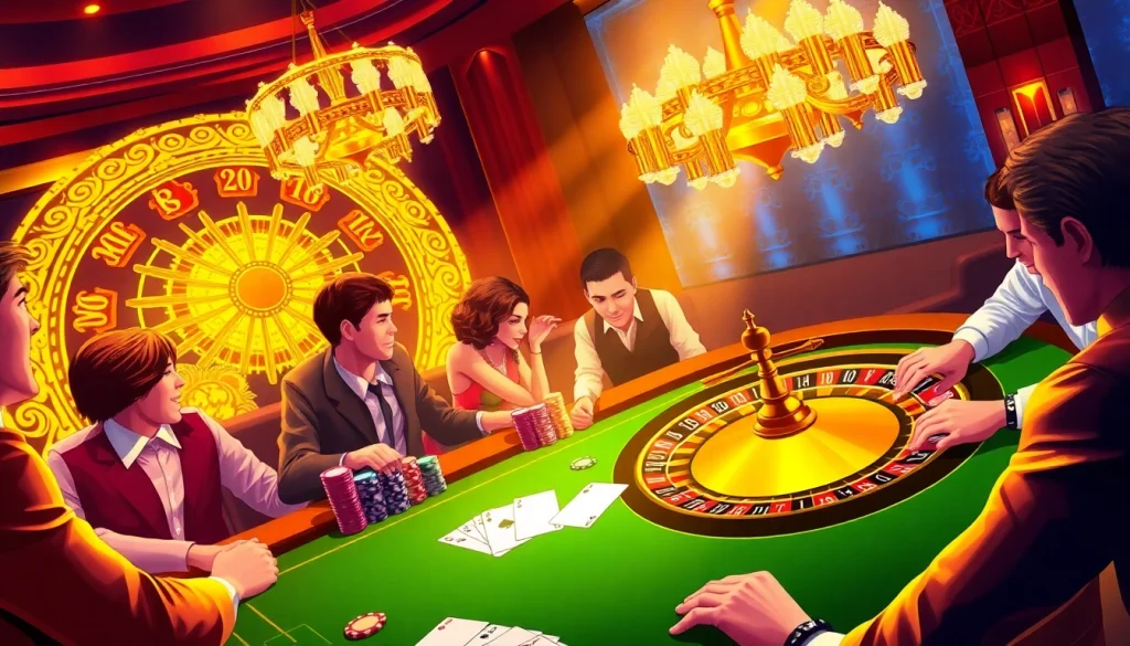 mm88 brings the thrill of poker with players at a vibrant casino table, showcasing excitement and strategy.