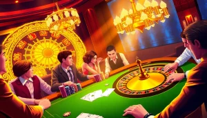 mm88 brings the thrill of poker with players at a vibrant casino table, showcasing excitement and strategy.