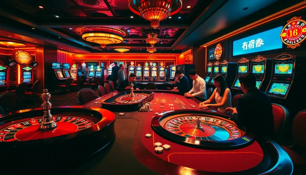 Players strategizing at a casino table featuring "여기여" in a lively gaming atmosphere.