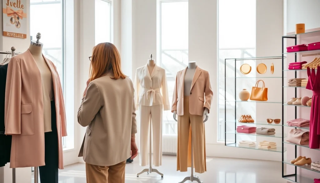 Showcase Rivelle clothing collection in a stylish boutique with natural lighting.