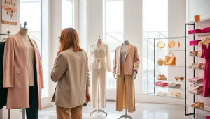 Showcase Rivelle clothing collection in a stylish boutique with natural lighting.