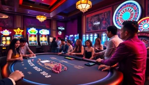 Exciting VN88 casino scene showcasing players at a vibrant gaming table with cards and chips.