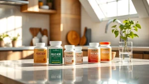 健康とウェルネスを強調するモダンなキッチンに並ぶ葉酸サプリメントのおすすめ。