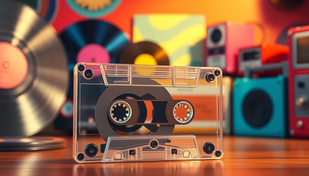 Explore the vintage audio cassette with intricate details and retro elements in a vibrant setting.