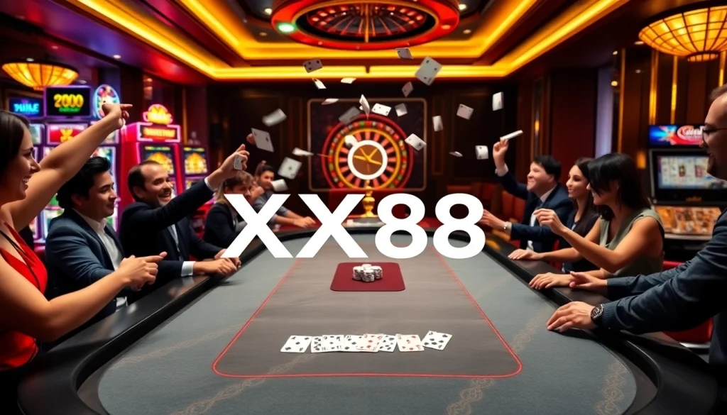 Experience the thrill of an XX88 casino night with vibrant gaming tables and excited players.