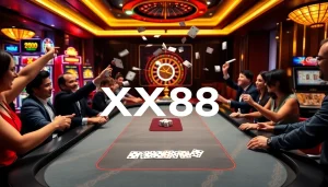 Experience the thrill of an XX88 casino night with vibrant gaming tables and excited players.