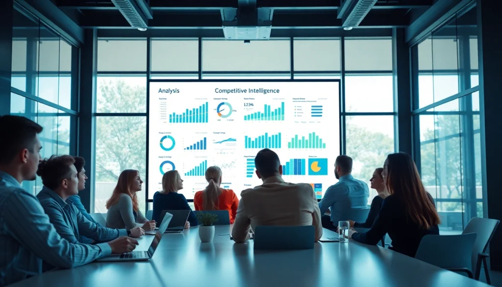 Analyzing competitive intelligence during a strategic business meeting in a bright office environment.