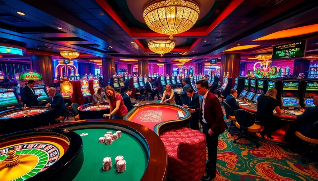 Players enjoying games at i9bet's luxurious casino with roulette wheels and poker tables.