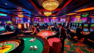 Players enjoying games at i9bet's luxurious casino with roulette wheels and poker tables.