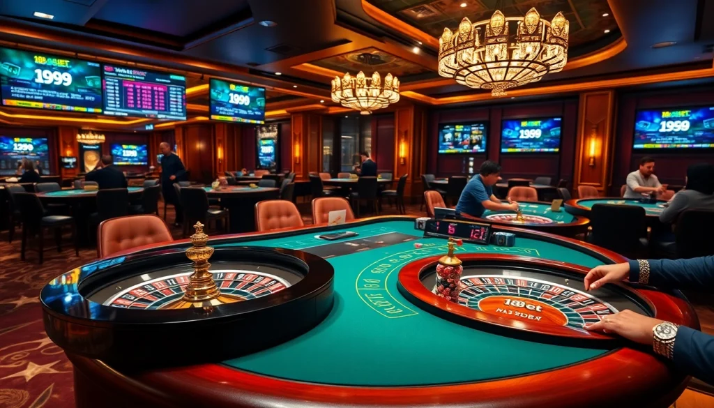 Exciting gameplay at a 188bet casino table with poker chips and roulette wheel.