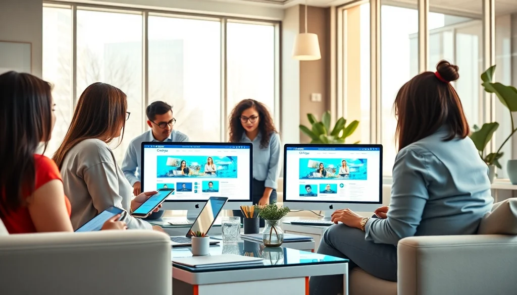 Professional team collaborating on innovative website design (thiết kế web) in a modern office.