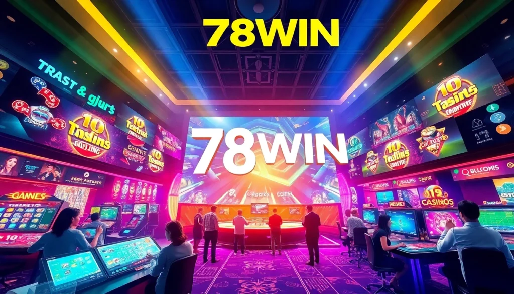 Dynamic casino environment showcasing the 78WIN brand with players enjoying various gaming options.