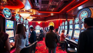 Players enjoying the thrills of slot bet kecil at vibrant casino machines, showcasing excitement and low-stakes fun.