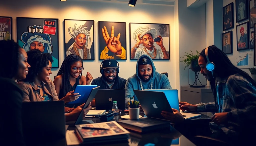 Engaging professionals in a hip hop pr firm collaborating on music promotion.