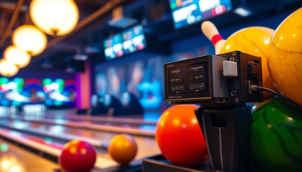 Bowling parts for AMF displayed in a dynamic bowling alley setting, emphasizing technology and quality.