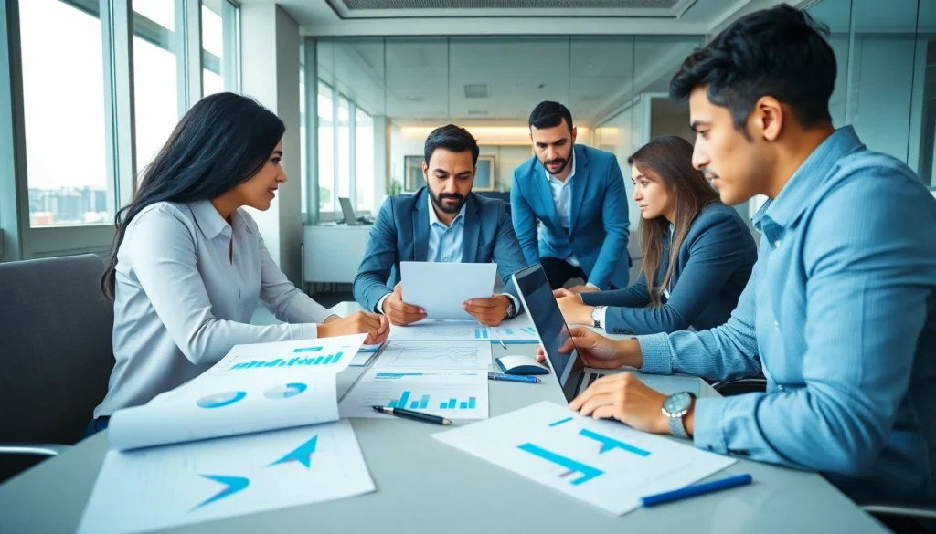 VAT Return Filing collaboration in a professional Dubai office setting with accountants analyzing financial data.