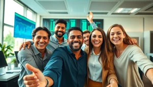 Celebration of financial success at BOX138 with diverse individuals in a modern office.