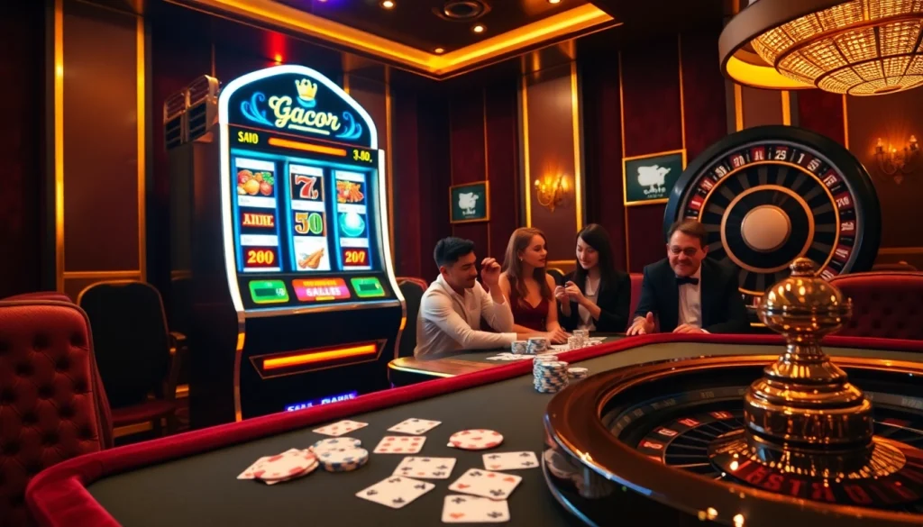 Players enjoy the excitement of Slot Gacor machines within a luxurious casino setting.