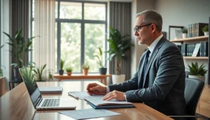 Environmental lawyer advising a client in a professional office setting with natural light.