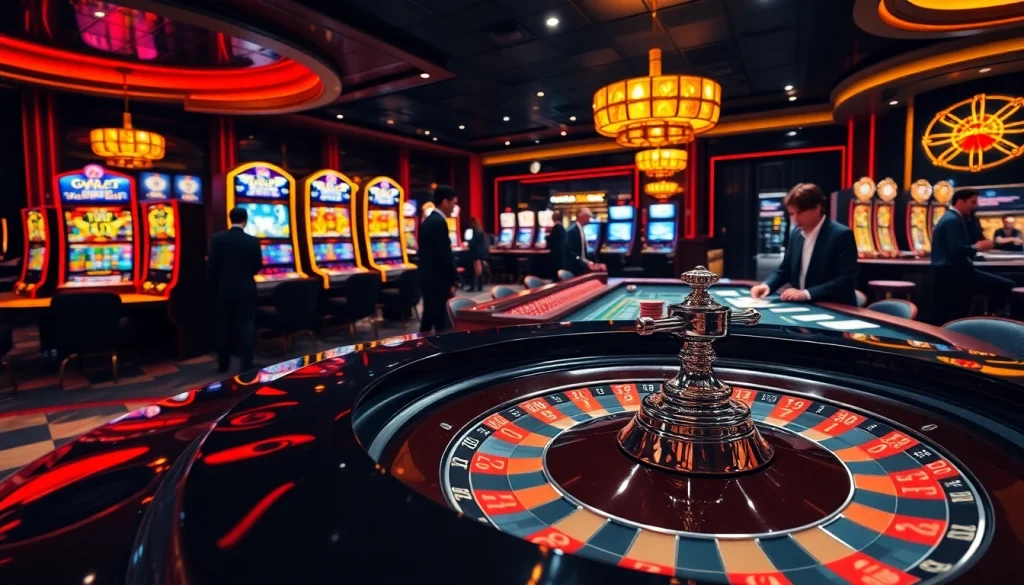 Players enjoying a thrilling casino game scene showcasing Link F8BET, featuring poker chips and vibrant slots.