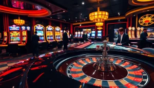 Players enjoying a thrilling casino game scene showcasing Link F8BET, featuring poker chips and vibrant slots.