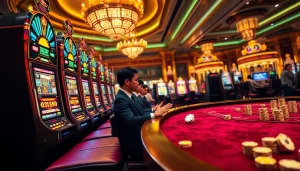 Situs Slot Gacor in action with players celebrating wins at vibrant slot machines and poker tables.