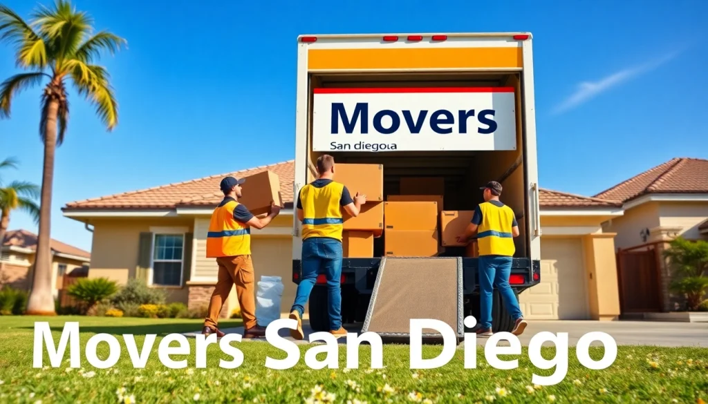 Movers San Diego team loading furniture into a professional moving truck in a sunny California neighborhood