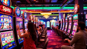 เล่นสล็อต 918kiss slot ในบรรยากาศคาสิโนที่สดใส แสดงภาพผู้เล่นที่มีความสุข