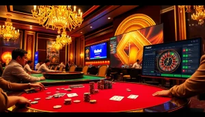 Thabet poker players enjoying a high-stakes game in a luxurious casino.
