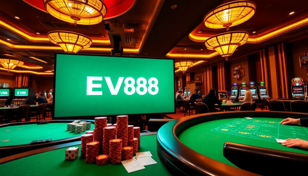 Players enjoying an electric gaming experience at EV88 casino filled with vibrant tables and machines.