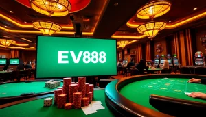 Players enjoying an electric gaming experience at EV88 casino filled with vibrant tables and machines.