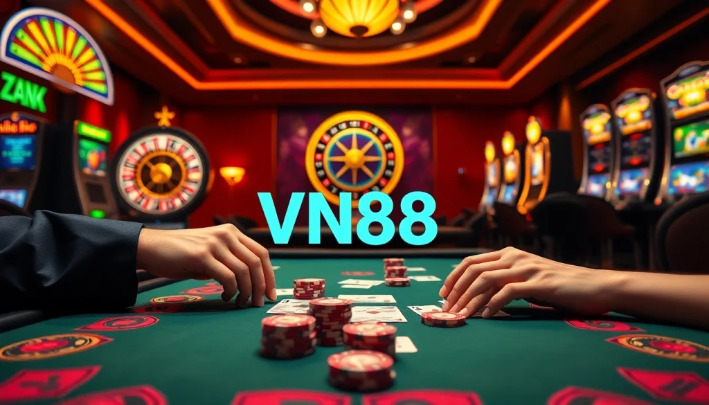 Engaging gambling scene highlighting VN88 with poker chips and a roulette wheel.