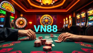 Engaging gambling scene highlighting VN88 with poker chips and a roulette wheel.