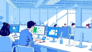 wps下载 - Modern office showcasing WPS Office applications with professionals collaborating.