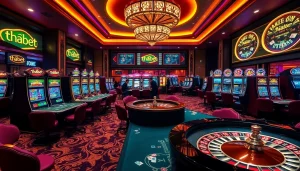 Thrilling casino scene showcasing thabet gaming with elegant tables and vibrant colors.
