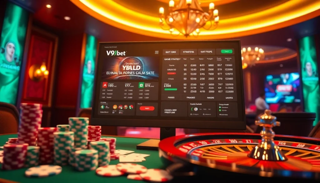 V9bet interface showcasing excitement with poker chips and roulette wheel in a luxurious casino setting.