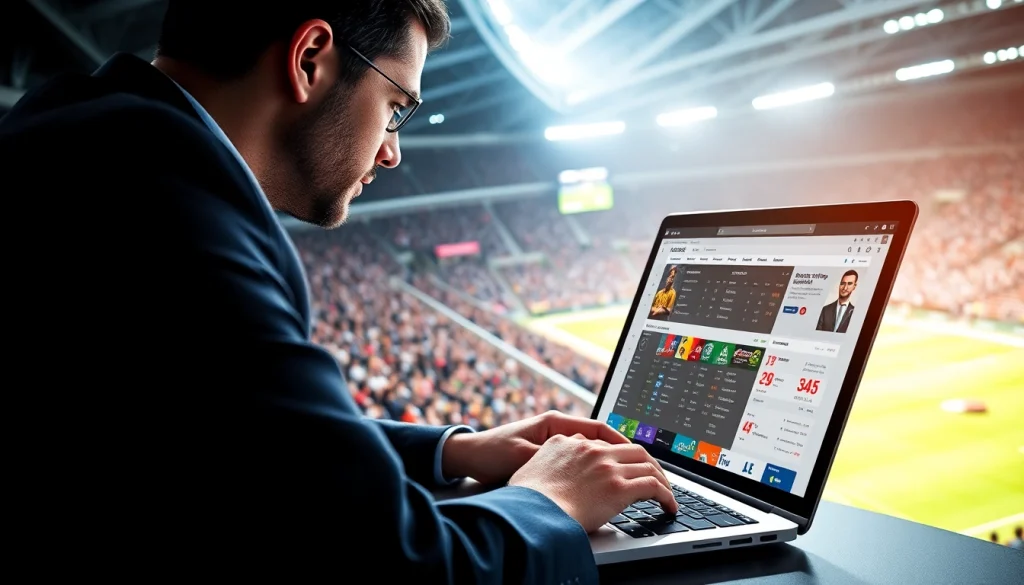 Engaging sports betting Canada session showcasing laptop analysis with vibrant sports visuals.