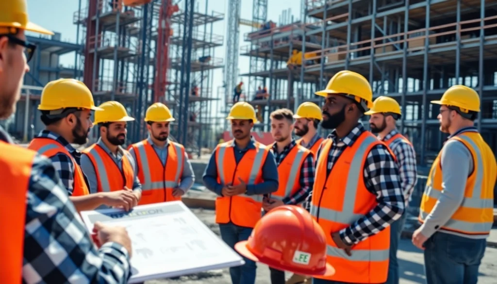Engaged workers receiving construction safety training at a site with active demonstrations and safety gear.